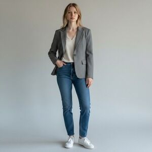 Rafaella Womens Grey Micro Check Two Button Tailored Blazer Jacket Size 6